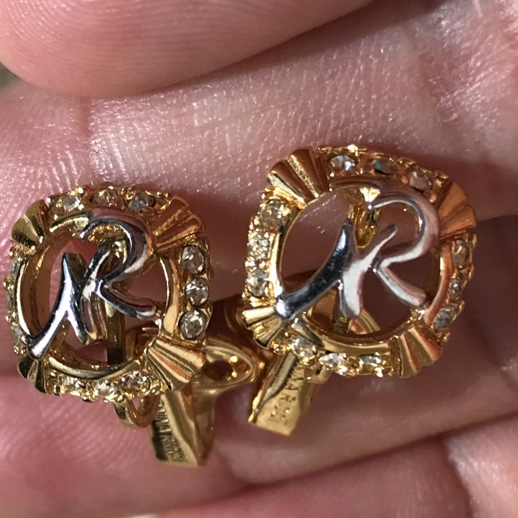 Vintage Nina Ricci Nr Logos Rhinestone Silver Gold Clip-On Earrings Nwt